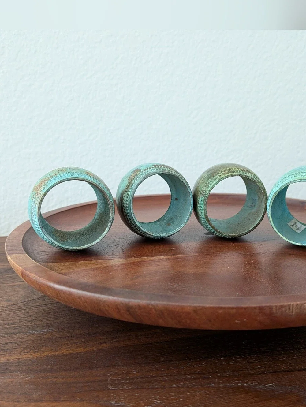 Set of 4 Painted Solid Brass Napkin Rings Vintage Turquoise